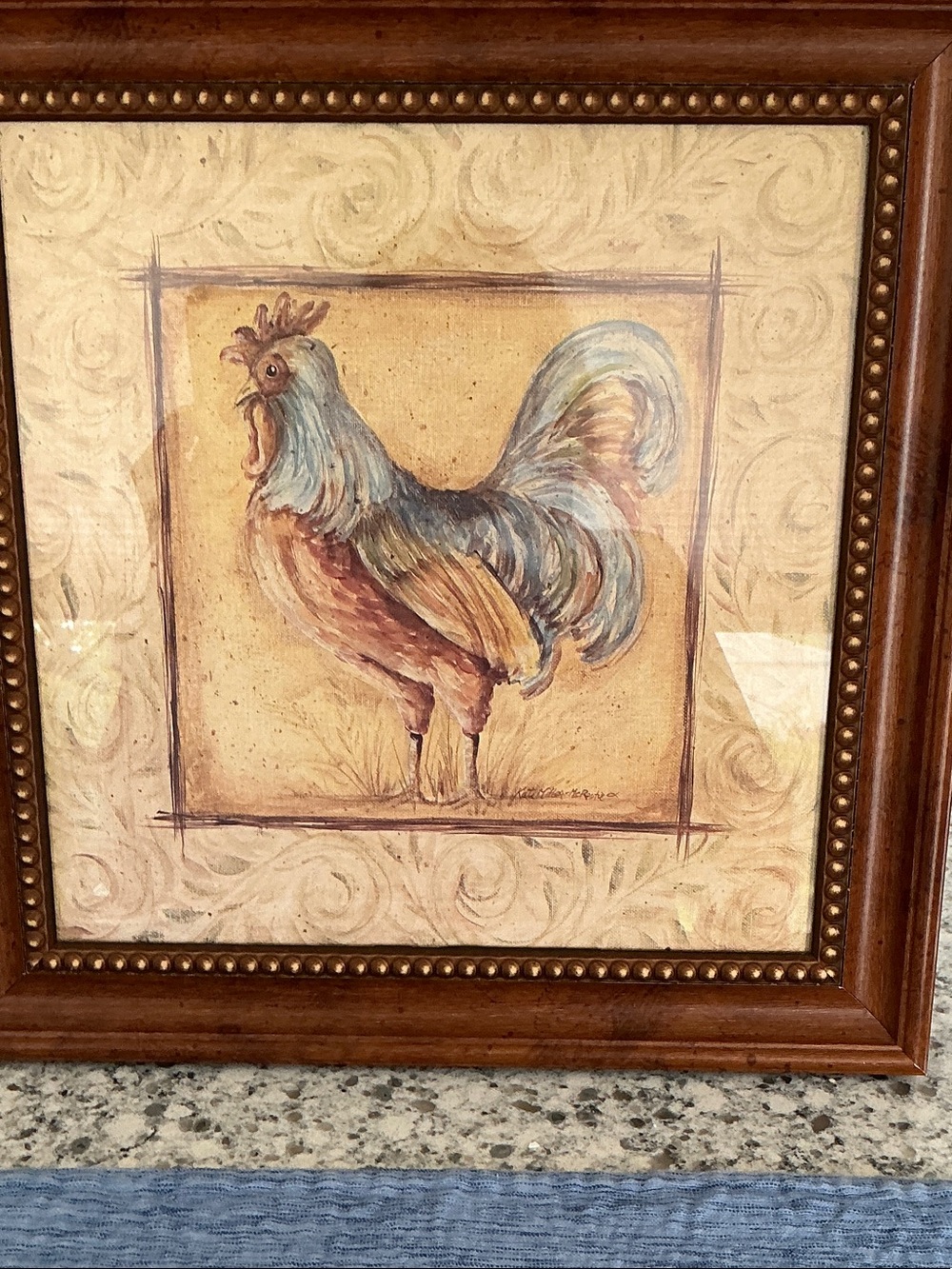 Kate McRostie Rustic Rainbow Rooster Wall Art in Brown,blue  and Cream - Framed